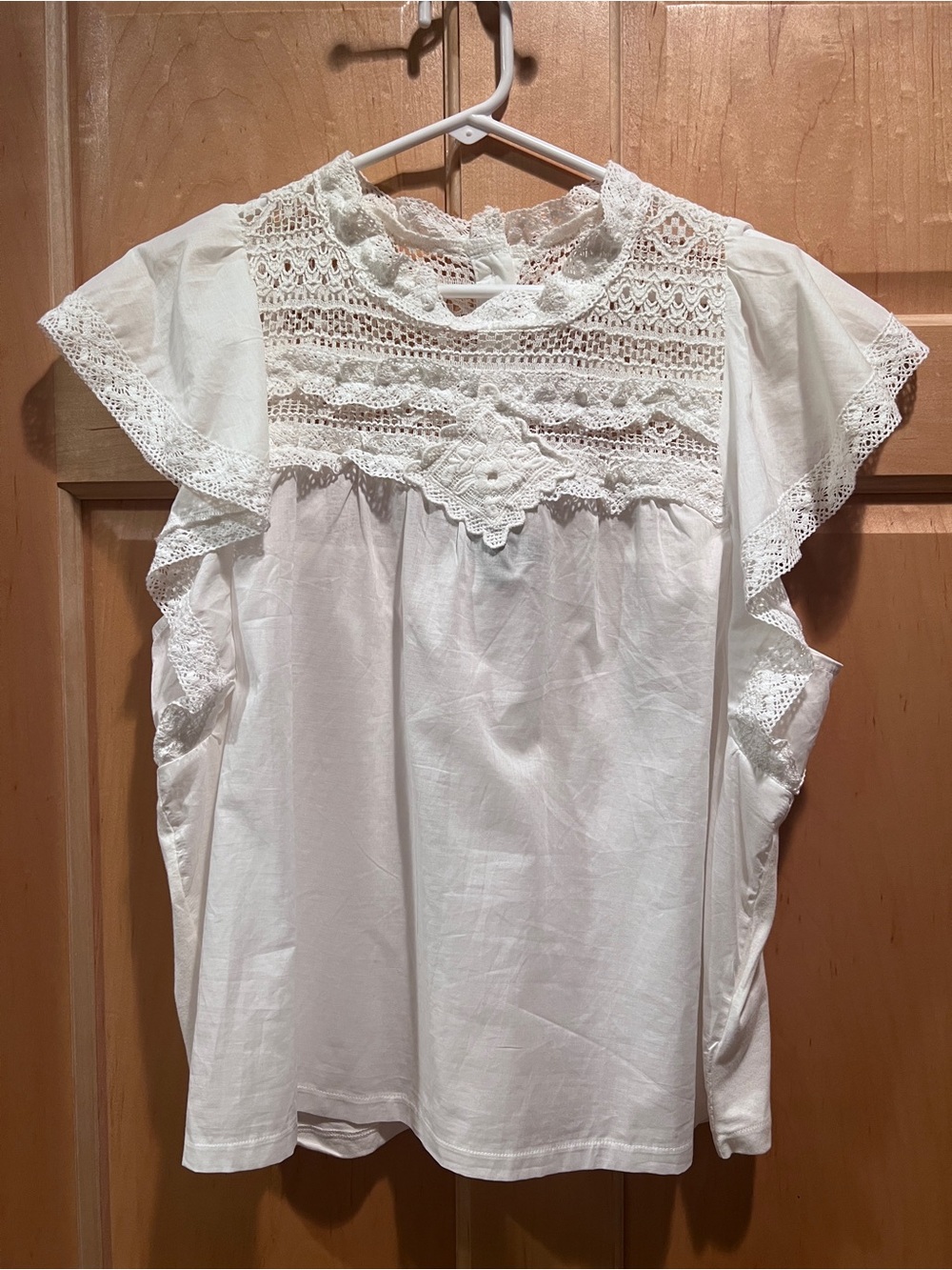 Calligraphie White Lace Yoke Flutter Sleeve Women's Top Cottagecore Coquette Lg